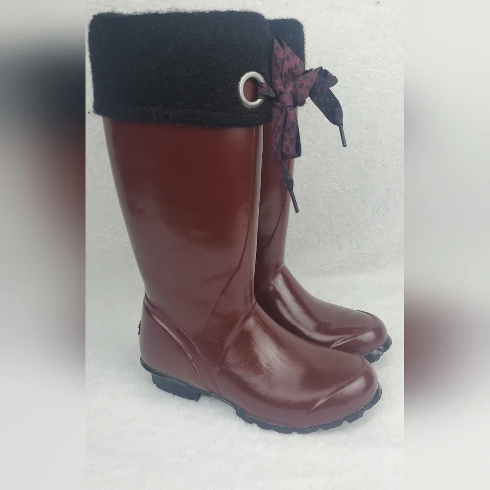 BOGS Alex Solids Lined Rain Boot Women's 6 Ribbon Black Brown Port Red‎